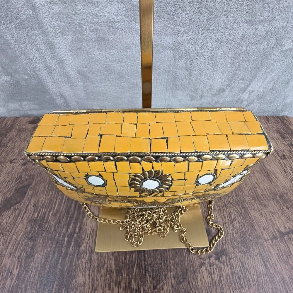 Antik Craft Metal Clutch Crossbody Honey Metallic Gold Mosaic Tile Art Chain New - Picture 3 of 15
